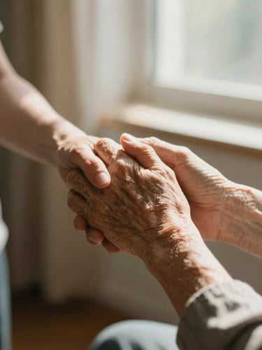 Close-up of a caregiver gently holding an elderly person's hand, warm sunlight streaming through a window, soft focus, authentic and respectful, 35mm photography