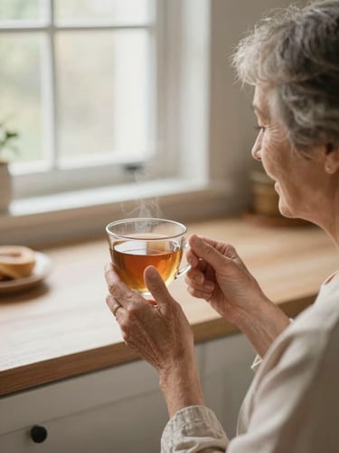 A close-up of a caregiver and an elderly woman sharing a warm cup of tea in a sunlit kitchen, soft natural window light, gentle earth tones, shallow depth of field, 35mm