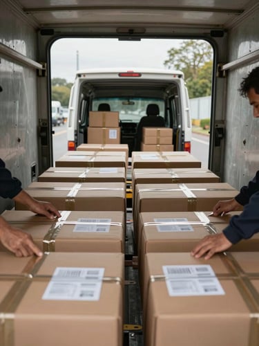 Medium-wide environmental shot inside the cargo bay of a moving truck, a worker's hands carefully securing strapped boxes in organized rows, overcast natural daylight filtering through the open rear doors, visible inventory labels on cardboard boxes, practical worksite atmosphere, no studio lighting