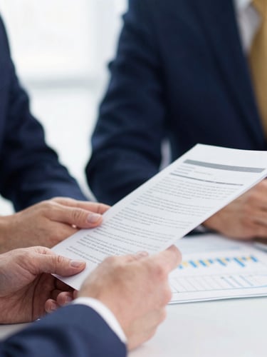 Close-up of professional hands reviewing financial documents on a desk, sharp 50mm, bright clean office lighting, corporate blue tones.