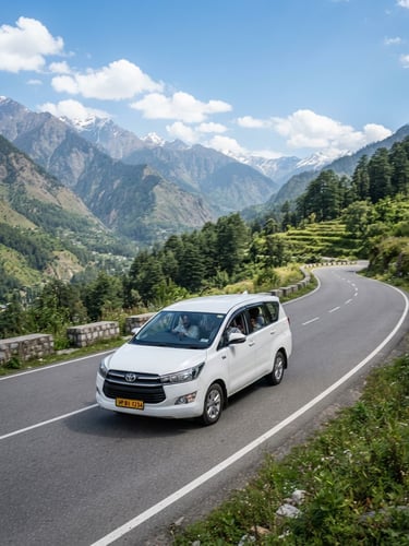 A clean white Toyota Innova taxi driving on a scenic Himalayan foothills highway under bright daylight, professional driver visible, high-resolution commercial photography