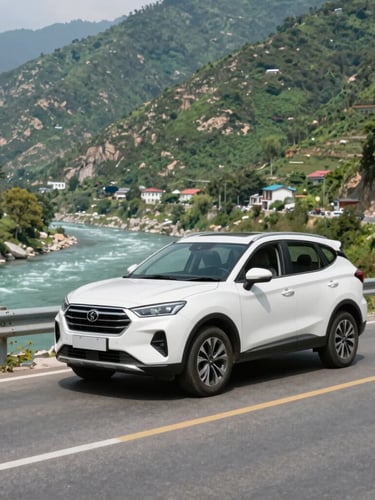 A clean white SUV driving along a winding mountain highway next to the turquoise Ganges river, bright natural daylight, majestic green foothills of Rishikesh in the background, professional travel photography