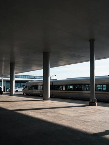 High-contrast geometric architectural shot of a modern customs terminal, cool morning light, sharp shadows, minimalist composition.