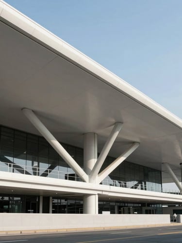 Wide geometric architectural shot of a modern customs terminal, crisp daylight, high-contrast clean lines, no people, emphasizing precision and structure.