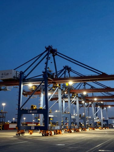 Wide panoramic view of a modern automated port terminal at dusk, high-contrast cool architectural lighting, geometric crane structures casting sharp lines, deep blue sky.