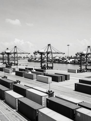 Wide panoramic view of an automated container port terminal in Brazil, high-contrast black and white style, crisp daylight, geometric lines.