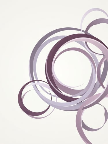 Minimalist vector illustration of soft organic abstract rings in muted plum and lavender tones, clean geometric composition, elegant, with gentle negative space on the left.