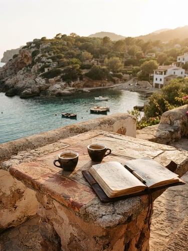 Cinematic wide shot of two espresso cups and an open leather notebook on a textured stone table overlooking a quiet Mediterranean cove at golden hour, soft natural sunlight, 35mm film aesthetic
