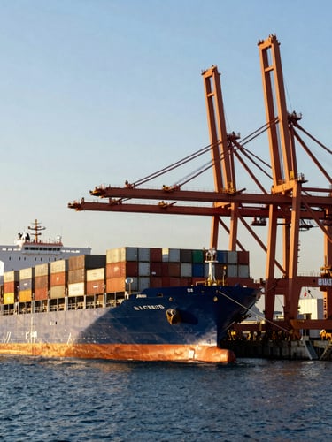 Wide dramatic golden hour shot of a massive container ship docked at a port terminal, towering gantry cranes framing the right side, deep blue water.