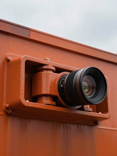 Close-up of a heavy steel container locking mechanism on a container ship, industrial orange paint, overcast sky