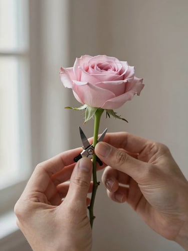 Close-up of hands carefully trimming a single pale pink rose stem, soft diffused window light, editorial 35mm photography, neutral background