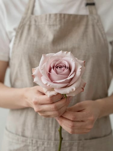 Close-up portrait of a female floral designer in a neutral linen apron, soft side-daylight, holding a single sculptural pale pink rose, muted dusty rose and warm taupe tones, elegant editorial photography, 35mm