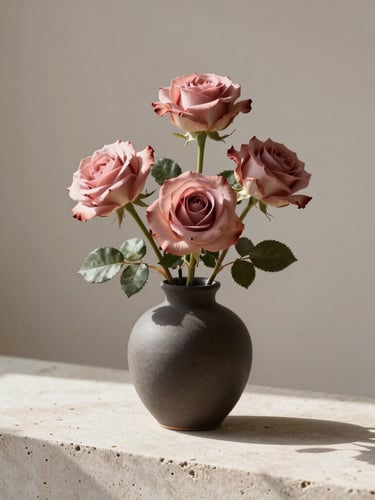 Sculptural single-variety rose arrangement in a minimalist dark ceramic vase on a raw plaster ledge, soft side-daylight casting delicate shadows, muted tones, elegant editorial photography, 35mm