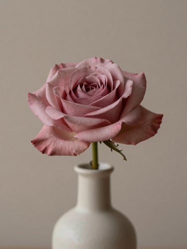 Close-up of a single dusty rose in a minimalist ceramic vase, soft side-daylight, muted warm taupe background, elegant editorial photography, 35mm