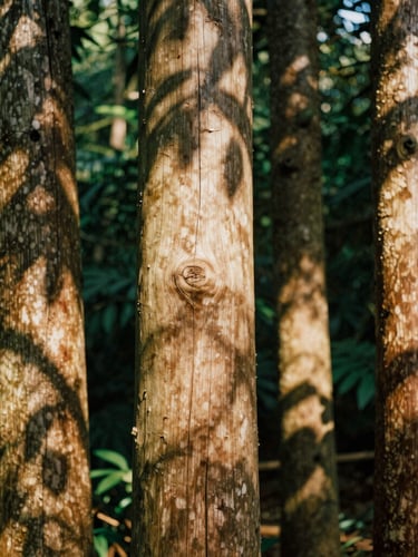 Detailed view of raw chukum textures and local wood columns under soft canopy shadows, warm editorial photography, 35mm film aesthetic