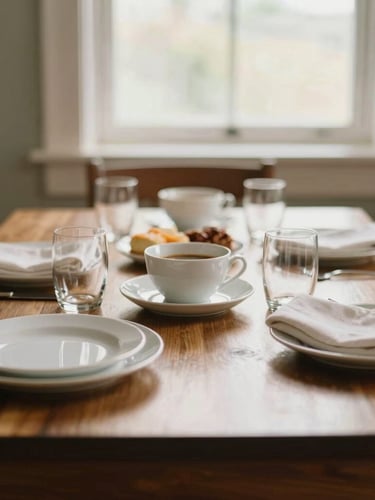 A warm, sunlit communal dining table set for breakfast, with real china and soft textile napkins, rich wood tones, soft natural window light, shallow depth of field, 35mm