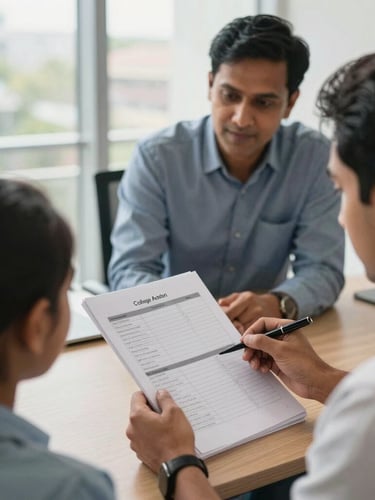 Over-the-shoulder shot of an Indian parent and student reviewing a college admission spreadsheet with a professional consultant in a sunlit, modern Bangalore office.