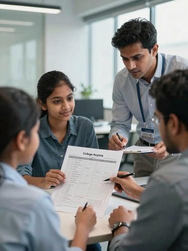 An over-the-shoulder shot of an Indian student and parent reviewing a college comparison spreadsheet with a professional consultant in a bright, modern Bangalore office.