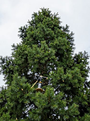 A certified arborist inspecting a deep green hemlock canopy under overcast sky, high-detail pine needles, technical forestry tools visible, crisp botanical photography