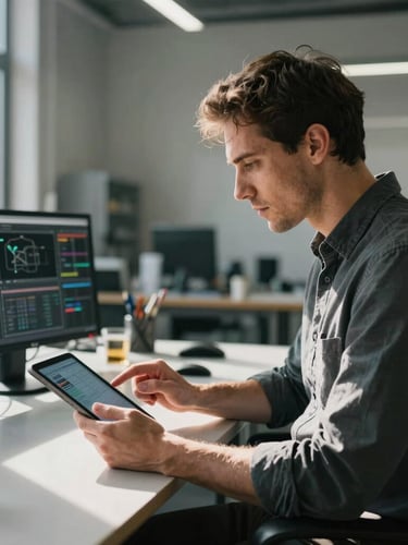 Crisp natural daylight environmental portrait of a focused business owner reviewing a digital dashboard on a tablet in a modern workshop, deep shadows, high-contrast