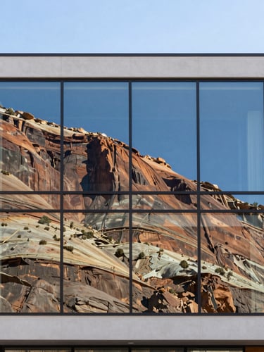 Crisp architectural photography of a modern residential glass facade in Southern Utah, bright natural daylight, sharp geometric reflections of desert cliffs, clean composition, 35mm