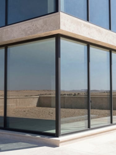Crisp architectural photography of a modern frameless glass corner window, bright natural desert daylight reflecting off the clean glass surface, sharp geometric lines, 35mm