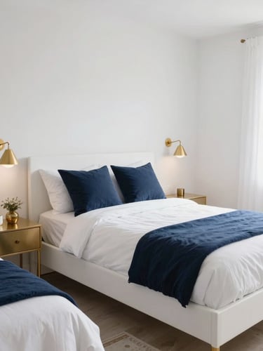 Bright interior photography of a tidy, fully furnished bedroom with natural daylight, showing a dual-bed setup with neat nightstands, clean white and navy tones, warm gold accents, sharp focus, 35mm