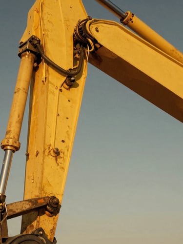 Close-up of a heavy machinery hydraulic arm, pristine yellow paint, metallic details catching sharp sunlight, industrial texture.