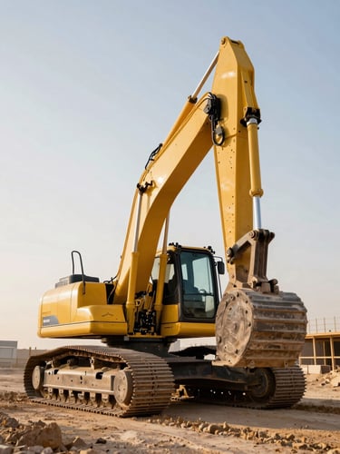 Low-angle heroic shot of a modern yellow excavator at a pristine Dubai construction site under bright daylight, clean industrial composition