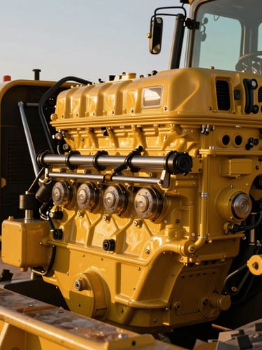 Close-up of a pristine heavy machinery engine bay, clean metallic yellow paint, high-contrast industrial luxury details, golden-hour light