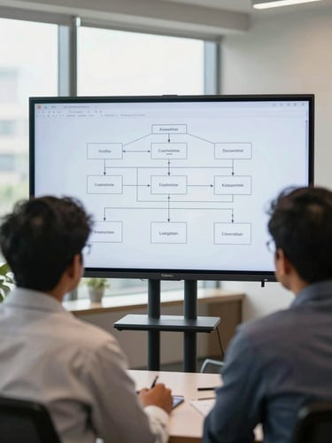 Over-the-shoulder shot of two developers in a bright Pune office discussing a system architecture diagram on a large screen, natural daylight