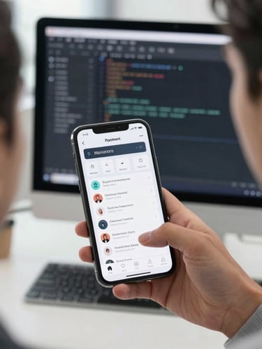 Over-the-shoulder view of a developer testing a high-fidelity mobile UI mockup on a physical iPhone, bright Pune office daylight, clean screen glow, active code editor visible on a monitor in the background.