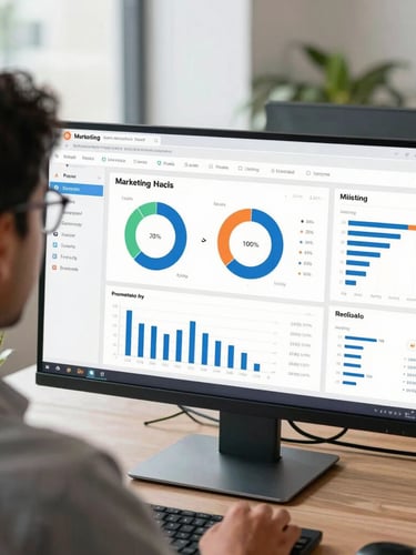 An over-the-shoulder shot of a developer analyzing real-time marketing analytics dashboards on a large monitor in a bright Pune office, natural daylight.