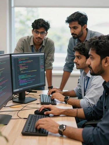 Bright, high-fidelity shot of Xomda's development team collaborating in their Pune office, looking at code on a vertical monitor, natural daylight