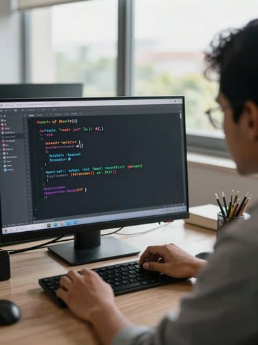 Over-the-shoulder shot of a developer writing clean React code in a dark-themed editor, bright natural daylight streaming through Pune office windows in the background.