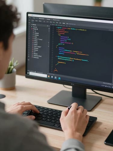 Over-the-shoulder shot of a developer writing clean code in a modern IDE, bright daylight from the side, crisp focus on the monitor displaying code structure.