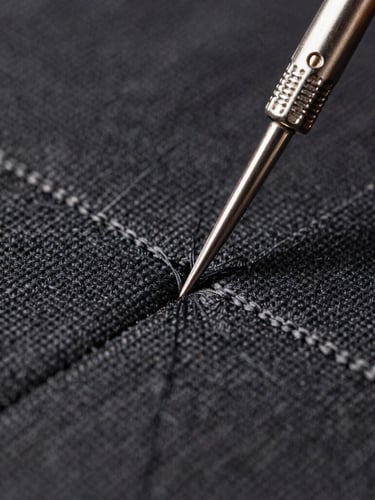 Tight macro shot of a heavy-duty embroidery needle piercing charcoal canvas fabric, high-contrast workshop lighting, rich thread texture, 50mm lens