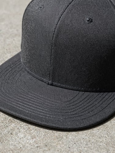 Tight product photography of a structured charcoal Richardson 112 snapback cap on a neutral concrete slab, high-contrast workshop lighting, sharp macro details of the fabric weave.