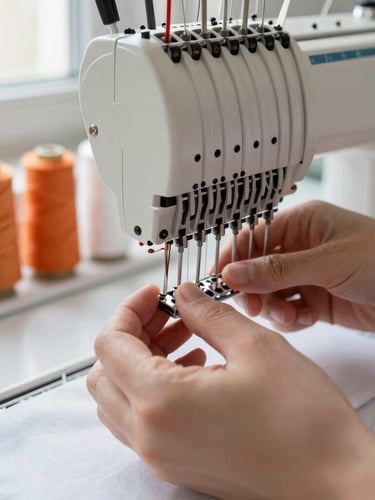 Close-up of hands adjusting thread on a heavy-duty multi-needle embroidery machine, natural side-light from a workshop window, spool rack of orange and white threads blurred in the background.