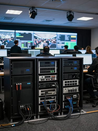 Wide environmental shot of the back of a large event control booth mid-activation, multiple rack-mounted servers and networking hardware visible, operator silhouettes against screens showing live crowd data, cool blue-tinted overhead practical lighting, desaturated palette, cables and antenna setups in foreground