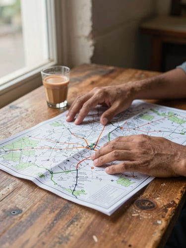 Close environmental shot of a guide's hands spread over a hand-drawn paper route map on a worn wooden table, a small glass of chai beside it, natural window light from the left, stone wall visible in background, no faces