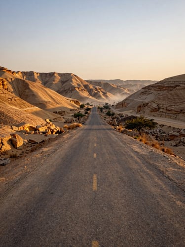 Wide-angle morning view of a dry Rajasthan valley road receding into distant sandstone hills, golden early light raking across the terrain from the left, no people, dust haze on the horizon