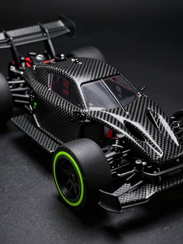 Extreme macro shot of a carbon-fiber RC car chassis, low-angle, dramatic low-key studio lighting with sharp neon green rim lights, high contrast