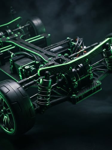 Low-angle dramatic portrait shot of a raw carbon-fiber RC car chassis, neon green rim lighting, high-contrast shadows, 35mm lens, atmospheric dark background