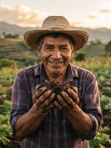Primer plano de un agricultor local de Intibucá, Honduras, de mediana edad, con el rostro curtido por el sol, sonriendo genuinamente mientras sostiene un puñado de tierra fértil. Luz cálida de atardecer, enfoque en la dignidad y la conexión con la tierra, con un campo cultivado difuminado al fondo. Estilo fotográfico editorial, tonos terrosos.