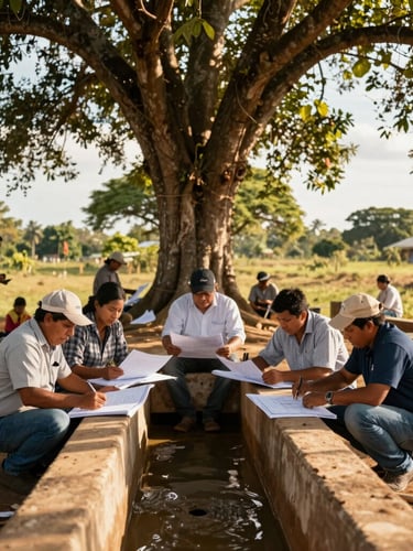 Ingenieros locales y miembros de la comunidad rural de Lempira revisando planos de un acueducto bajo un árbol grande, en un día soleado. Ambiente colaborativo.