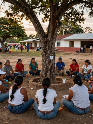 Asamblea comunitaria en Intibucá, Honduras, al atardecer. Familias locales sentadas en círculo bajo un árbol, discutiendo proyectos de agua limpia. Luz dorada, ambiente de colaboración y dignidad.