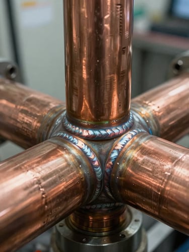 Extreme close-up of a flawless copper manifold joint with clean TIG welds in a commercial mechanical room, sharp industrial lighting.