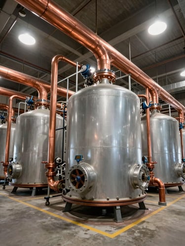 Wide-angle architectural shot of a pristine commercial boiler room, complex overhead copper manifolds, clean industrial lighting, high contrast.