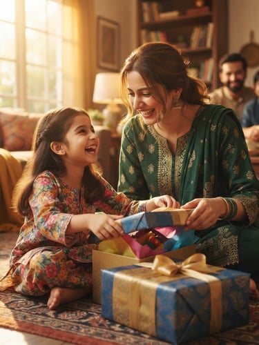 Warm editorial photography, golden-hour window light, rich saturated tones, shallow depth of field, elegant styling, 35mm. A heartwarming portrait of a Pakistani family, a mother and child, joyfully unboxing a beautifully wrapped gift, soft focus on their smiling faces, gift box prominent in foreground.